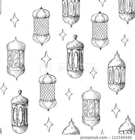 Vector seamless pattern with Moroccan arabian lantern, light, crescent stars. Graphic illustration isolated on white background. Muslim hand drawn line sketch, holiday Ramadan Kareem or Eid Al Adha 122596480
