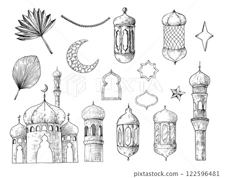 Vector set of Islamic arabian lanterns, pampas grass, stars. Graphic illustration isolated on background. Muslim hand drawn line sketch, holiday Ramadan Kareem or Eid Al Adha 2025. For designers 122596481