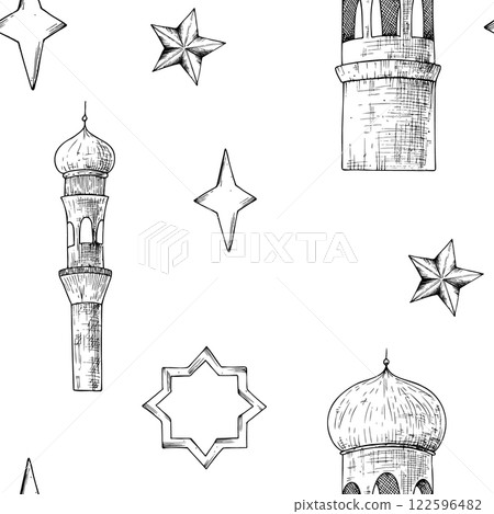 Vector Islamic seamless pattern with minaret, stars. Graphic illustration mosque, tower isolated on white background. Muslim hand drawn line sketch, holiday Ramadan Kareem or Eid Al Adha 2025. For 122596482