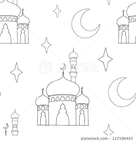 Vector Islamic seamless pattern with minaret, moon, stars. Graphic illustration mosque, tower isolated on white background. Muslim hand drawn line sketch, holiday Ramadan Kareem or Eid Al Adha 2025 122596483