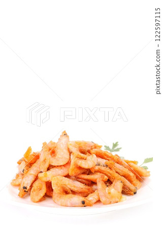 Deep fried shrimp with shells, snacks, light background 122597115
