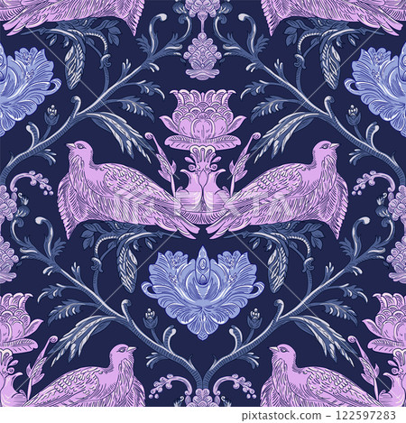 Birds and Floral Seamless Pattern: Elegant Vector Illustration for Fabrics, Wallpapers, and Packaging Design 122597283