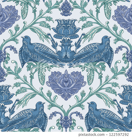 Birds and Floral Seamless Pattern: Elegant Vector Illustration for Fabrics, Wallpapers, and Packaging Design 122597292