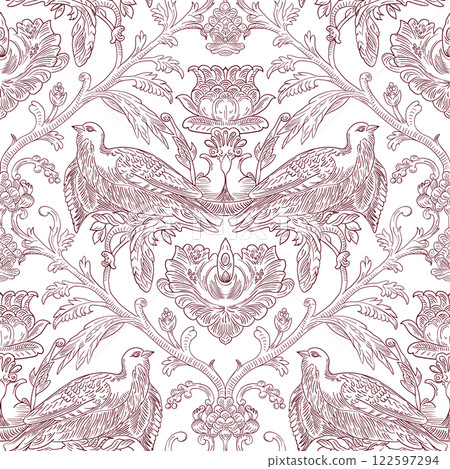 Birds and Floral Seamless Pattern: Elegant Vector Illustration for Fabrics, Wallpapers, and Packaging Design 122597294
