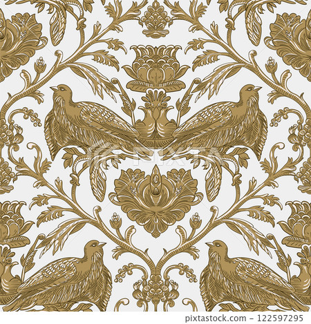 Birds and Floral Seamless Pattern: Elegant Vector Illustration for Fabrics, Wallpapers, and Packaging Design Birds and Floral Seamless Pattern: Elegant Vector Illustration for Fabrics, Wallpapers, and Packaging Design 122597295