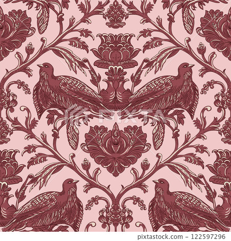 Birds and Floral Seamless Pattern: Elegant Vector Illustration for Fabrics, Wallpapers, and Packaging Design 122597296