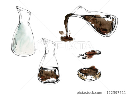 Transparent glass jar jug bottle empty, with soy teriyaki sauce coffee, ceramic bowl. Set of elements hand drawn in watercolor and ink for wedding, cards, spa, florist shop, cafe restaurant, commerce. Transparent glass jar jug bottle empty, with soy teriyaki sauce coffee, ceramic bowl. Set of elements hand drawn in watercolor and ink for wedding, cards, spa, florist shop, cafe restaurant, commerce. 122597311