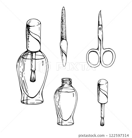 Manicure pedicure cuticle polish varnish lacquer, nail file emery board, scissors, isolated object line vector sketch hand drawn in ink. Beauty parlor salon illustration, packaging, cosmetics shop Manicure pedicure cuticle polish varnish lacquer, nail file emery board, scissors, isolated object line vector sketch hand drawn in ink. Beauty parlor salon illustration, packaging, cosmetics shop 122597314