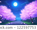 藍色的滿月和盛開的櫻花樹 122597753
