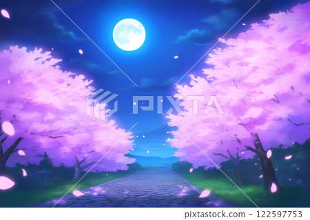 藍色的滿月和盛開的櫻花樹 122597753