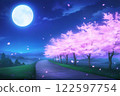 月亮與櫻花樹的森林景觀圖 122597754