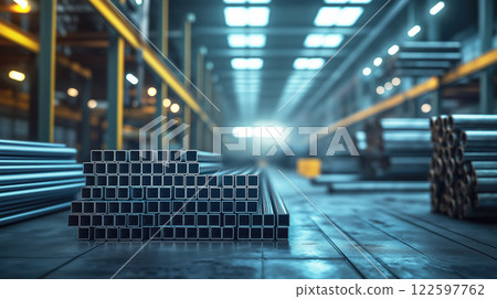 A Stack of galvanized rectangular steel pipes in a warehouse or factory. Created with Generative AI. 122597762