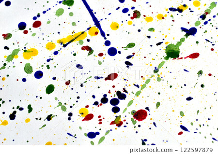 Abstraction. Drops of paint splashed on a white background. 122597879