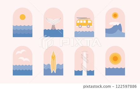 Retro summer, ocean, sea, surfing, vanlife banner. Aesthetic marine frame for t short pattern, sticker, merch vector templates. Cute shortboard, sunset, waves. 122597886