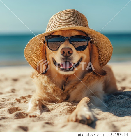 a dog lying on a sunny beach, wearing stylish sunglasses and a cute sun hat, smiling as it looks directly into the camera 122597914