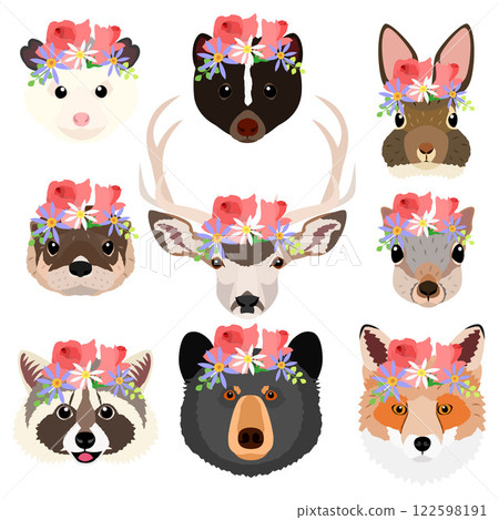 森林動物臉與花環 122598191