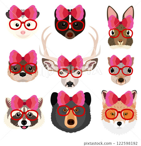 Forest animal faces with ribbons and glasses 122598192