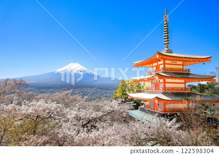 Arakurayama Sengen Shrine's Chureito Pagoda with cherry blossoms in full bloom and a spectacular view of Mt. Fuji 122598304