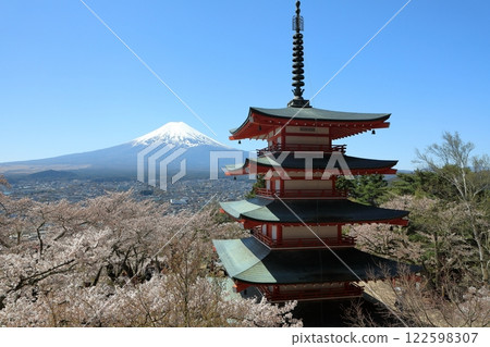 Arakurayama Sengen Shrine's Chureito Pagoda with cherry blossoms in full bloom and a spectacular view of Mt. Fuji 122598307