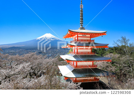 Arakurayama Sengen Shrine's Chureito Pagoda with cherry blossoms in full bloom and a spectacular view of Mt. Fuji 122598308