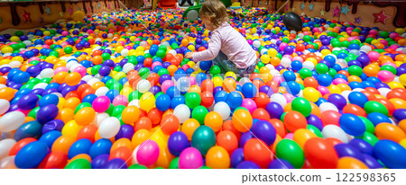 A playful child surrounded by colorful balls in a vibrant ball pit. A playful child surrounded by colorful balls in a vibrant ball pit. 122598365