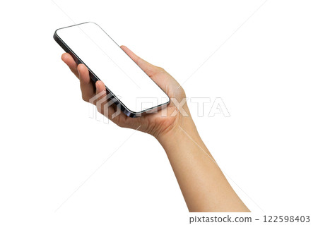 Asian woman holding smartphone in hand with blank screen isolated on white background with clipping path. Asian woman holding smartphone in hand with blank screen isolated on white background with clipping path. 122598403