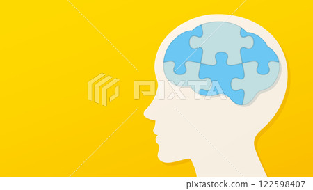 Illustration of a brain made of blue puzzle pieces and a profile on a yellow background Illustration of a brain made of blue puzzle pieces and a profile on a yellow background 122598407