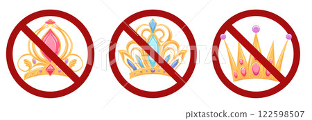 Vector set of prohibition signs with crowns. Monarchy in ban. Collection of forbidden stickers with luxurious tiaras. No queens and kings 122598507