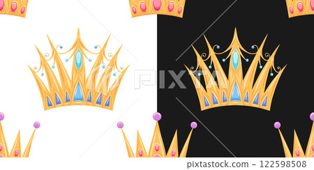 Vector set of seamless patterns with golden crowns on white and black background. Collection of luxury texture with royal tiaras Vector set of seamless patterns with golden crowns on white and black background. Collection of luxury texture with royal tiaras 122598508