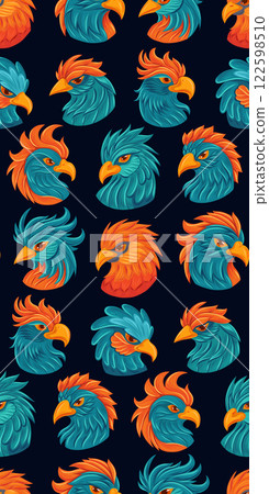 Vector seamless pattern with blue bird on dark background. Texture with parrot in cartoon fantasy style. Textile with hand drawn macaws 122598510