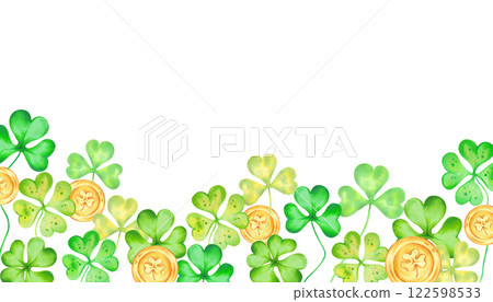Shamrock and four leaf clover with gold coins for Patricks Day. Horizontal frame. Watercolor illustrations. Hand drawn isolated art. Background with space for text. Sketch of luck, profit, success. 122598533