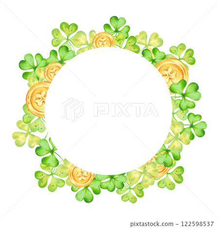 Shamrock and four leaf clover with gold coins for St. Patrick's Day. Round frame. Watercolor illustrations. Hand drawn isolated art. Background with space for text. Sketch of luck, profit, success. Shamrock and four leaf clover with gold coins for St. Patrick's Day. Round frame. Watercolor illustrations. Hand drawn isolated art. Background with space for text. Sketch of luck, profit, success. 122598537