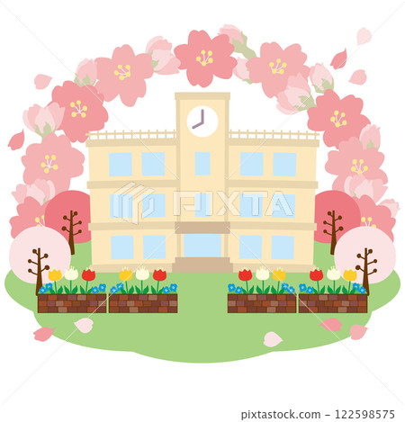 櫻花盛開的春季學校向量插圖（適合入學典禮和畢業典禮） 122598575