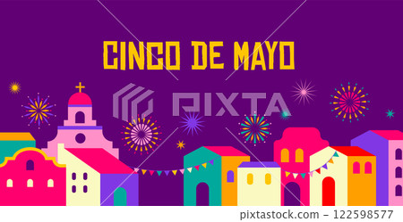 Viva Mexico, Cinco de Mayo design, illustration of Mexican street, village homes, fireworks, Cinco 122598577