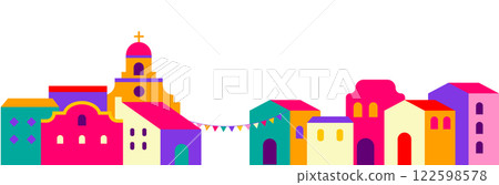 Colorful illustration of Mexican, Latin America street, village homes, fireworks, Cinco de Mayo 122598578
