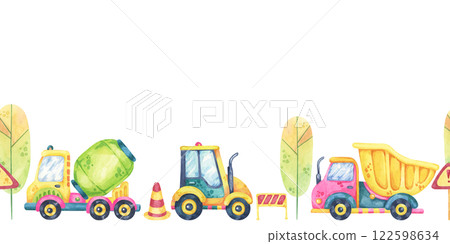 Excavators, trees, and trucks in vibrant hues. Seamless border construction site, toys watercolor clipart. Perfect for kids party supplies, wall decals, or custom gift wrap designs. 122598634