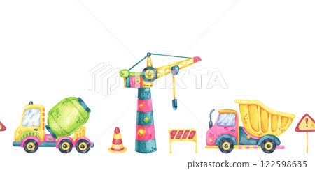 Cranes, dump trucks, and construction barriers. Seamless border construction site, toys watercolor clipart. Suitable for branding materials, nursery designs, or engineering-themed packaging Cranes, dump trucks, and construction barriers. Seamless border construction site, toys watercolor clipart. Suitable for branding materials, nursery designs, or engineering-themed packaging 122598635