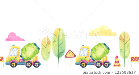 Green cement mixers, road signs, and pastel clouds. Seamless border construction site, toys watercolor clipart. Perfect for event invitations, educational materials, or themed wrapping paper 122598637