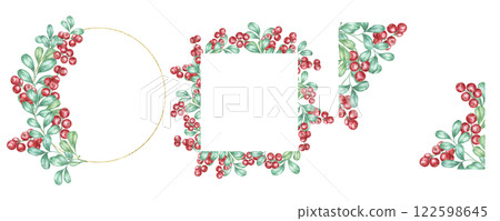 A collection of square, round, and rectangular watercolor frames featuring red berries and green foliage. Ideal for holiday cards, product packaging, and Nordic-inspired digital projects A collection of square, round, and rectangular watercolor frames featuring red berries and green foliage. Ideal for holiday cards, product packaging, and Nordic-inspired digital projects 122598645