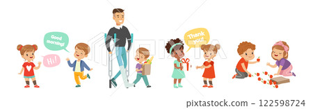 Kids with Good Manners and Polite Behavior Vector Set 122598724