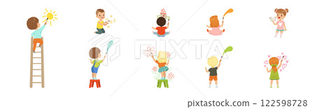 Kids Painting and Drawing with Brushes on Wall Vector Illustration Set 122598728