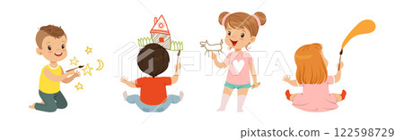 Kids Painting and Drawing with Brushes on Wall Vector Illustration Set 122598729