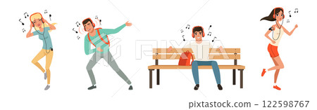 Happy People in Earphones Listen to Music Vector Set 122598767
