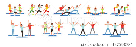 Happy Man and Woman Do Fitness Workout and Training Vector Set 122598784