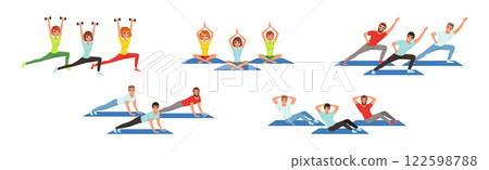 Happy Man and Woman Do Fitness Workout and Training Vector Set Happy Man and Woman Do Fitness Workout and Training Vector Set 122598788