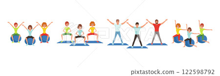Happy Man and Woman Do Fitness Workout and Training Vector Set 122598792