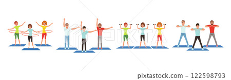 Happy Man and Woman Do Fitness Workout and Training Vector Set 122598793