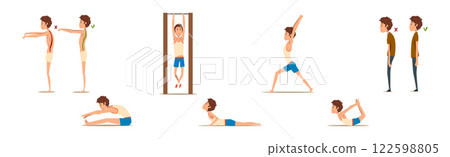 Teen Boy Doing Exercise with Correct and Wrong Spine Posture Vector Set 122598805
