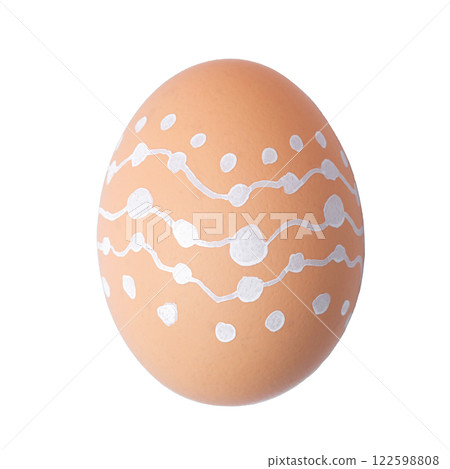 One Easter egg is a natural beige color with a minimalistic white pattern One Easter egg is a natural beige color with a minimalistic white pattern 122598808