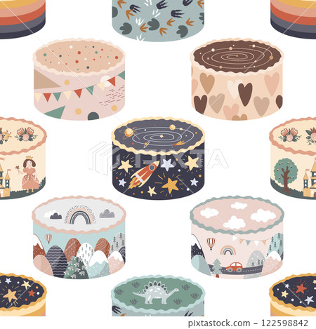 Sweet bento cake seamless pattern. Background for confectionery, bakery, party. Vector cartoon illustration Sweet bento cake seamless pattern. Background for confectionery, bakery, party. Vector cartoon illustration 122598842